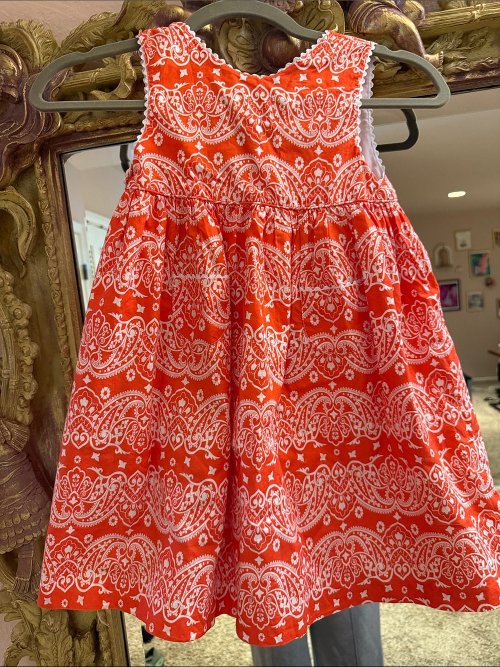 Elephantito bandana print apron dress with bric brac trim